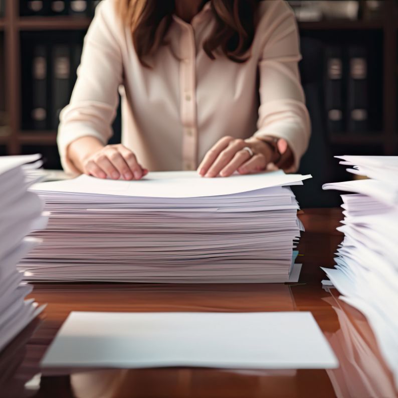 Un personne devant une pile de courrier